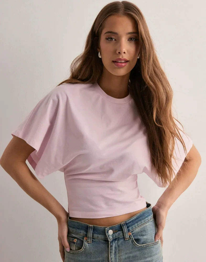 2025 Korean style round neck pullover short-sleeved T-shirt for women summer new simple and versatile solid color loose top