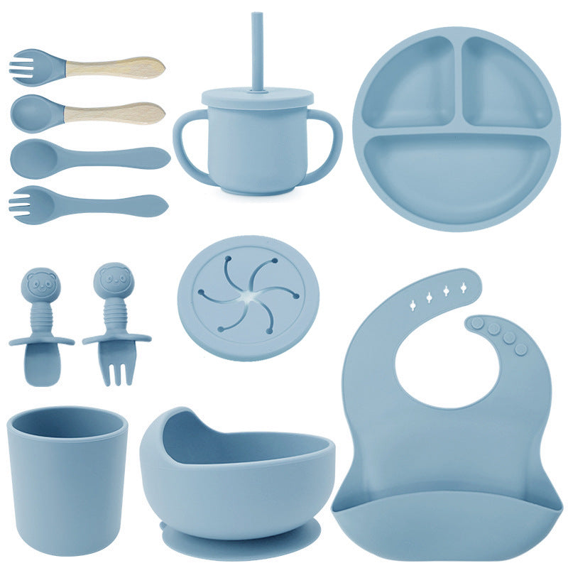 Baby silicone tableware set infant food bowl spoon saliva pocket children's 3-grid silicone dinner plate straw cup