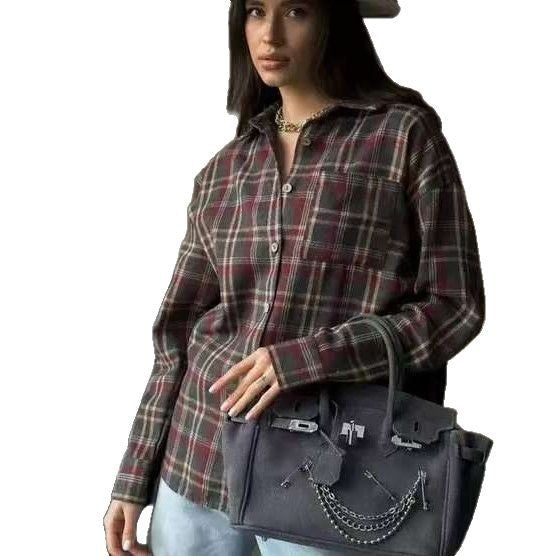 2025 Spring and Autumn Cross-border Retro All-match Lapel Loose Shirt #Plaid Long Sleeve Pocket Women's Shirt
