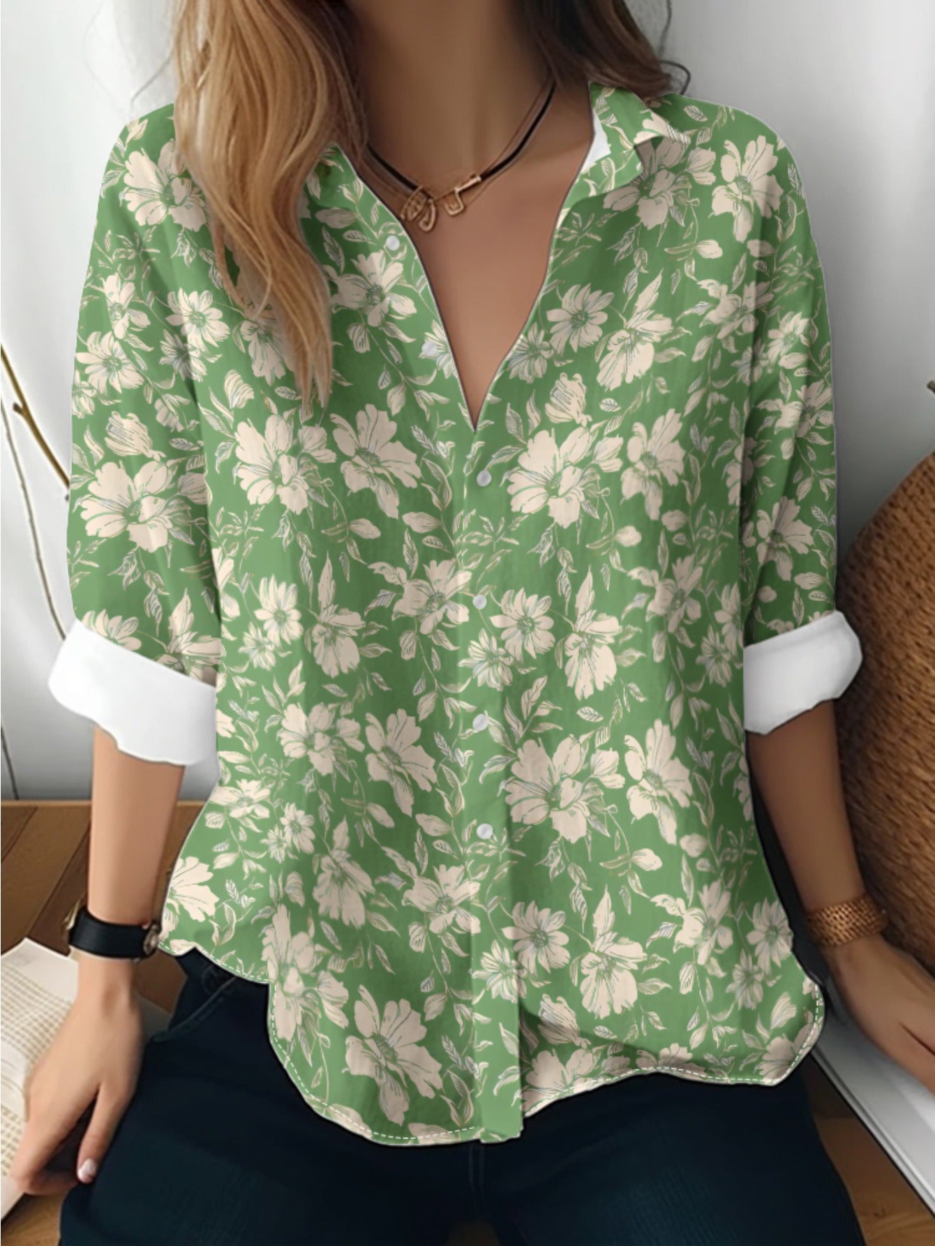Cat cross-border European and American women's 3D printed floral pattern long-sleeved shirt women's fashion tops