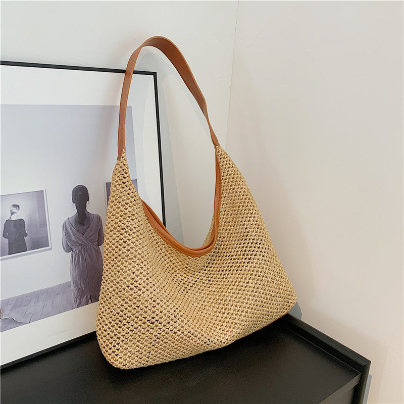 Korean ins retro woven tote bag straw bag large capacity underarm bag shoulder bag holiday style beach bag female