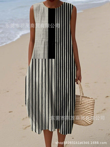 2025 European and American spring and summer new sleeveless casual printed temperament long skirt dress slim small fresh casual skirt
