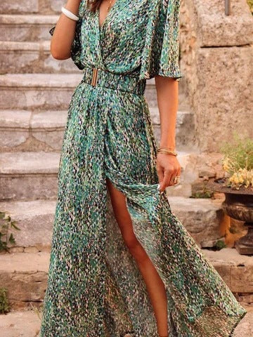 2025 spring and summer new European and American cross-border printed short-sleeved dress slim waist commuting mid-length temperament