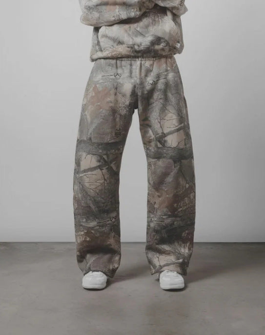 Leaf camouflage 3D printed flared casual pants men's loose sports outdoor camouflage wide-leg trousers American street style