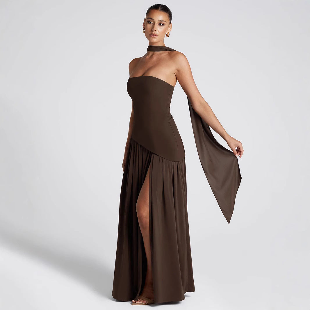 2025 new cross-border European and American sexy oblique stitching tube top dress dress women's long skirt pleated tube top