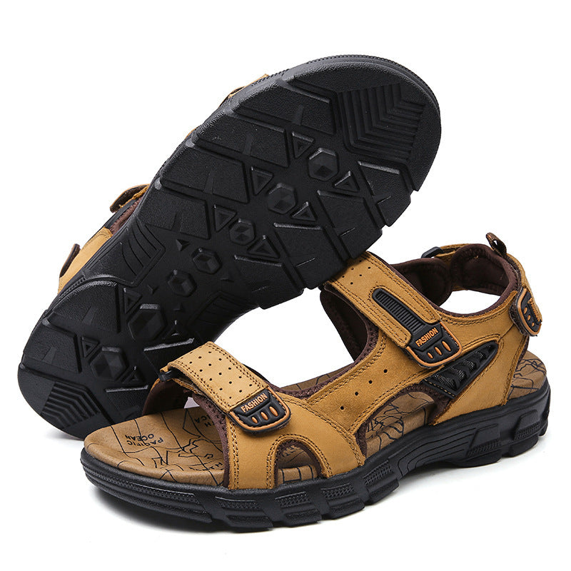 Summer men's thick-soled open-toe top-layer leather men's beach shoes soft-soled fashionable large-size outdoor casual shoes