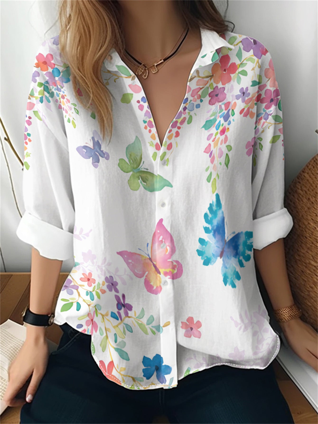 Cat cross-border European and American women's 3D printed floral pattern long-sleeved shirt women's fashion tops