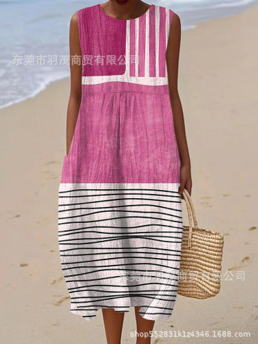 2025 European and American spring and summer new sleeveless casual printed temperament long skirt dress slim small fresh casual skirt