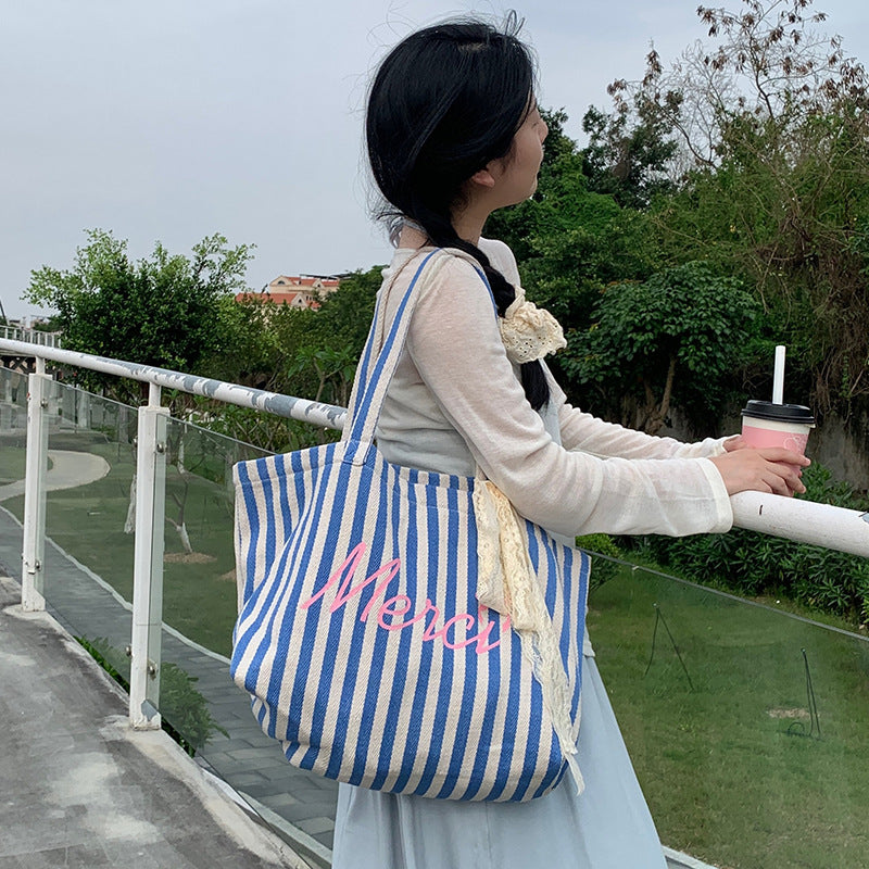 New canvas bag original large capacity blue striped letter printing casual all-match tote bag women