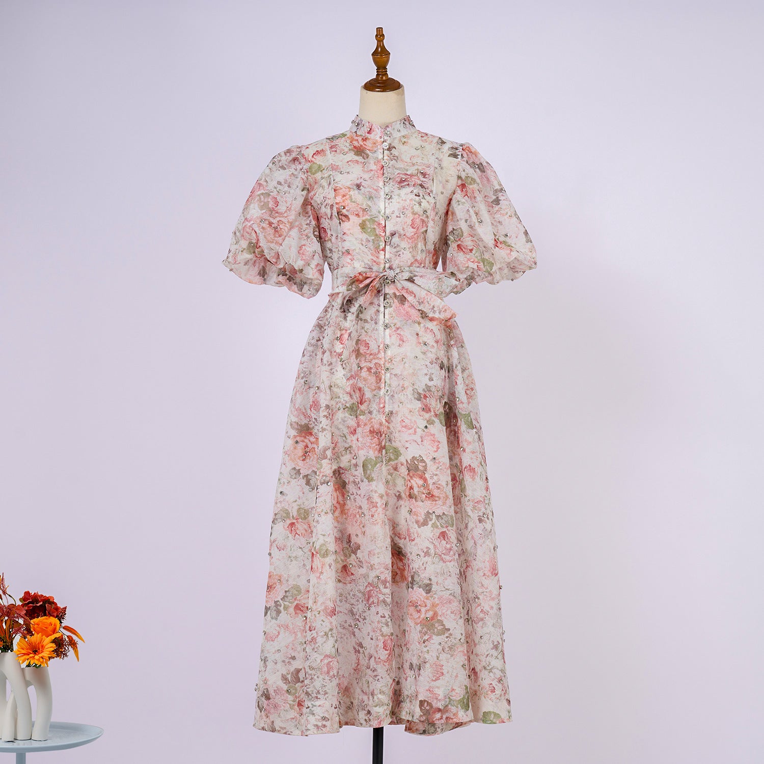 European and American cross-border summer palace style high-end design heavy-duty rhinestone short-sleeved single-breasted dress with suspenders