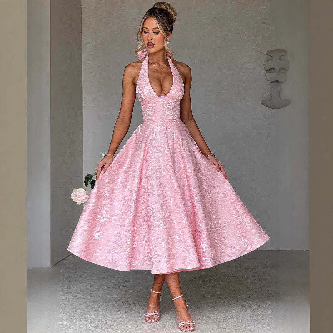 European and American cross-border V-neck halter neck jacquard dress high-end evening dress spring and summer temperament sleeveless backless waist long dress