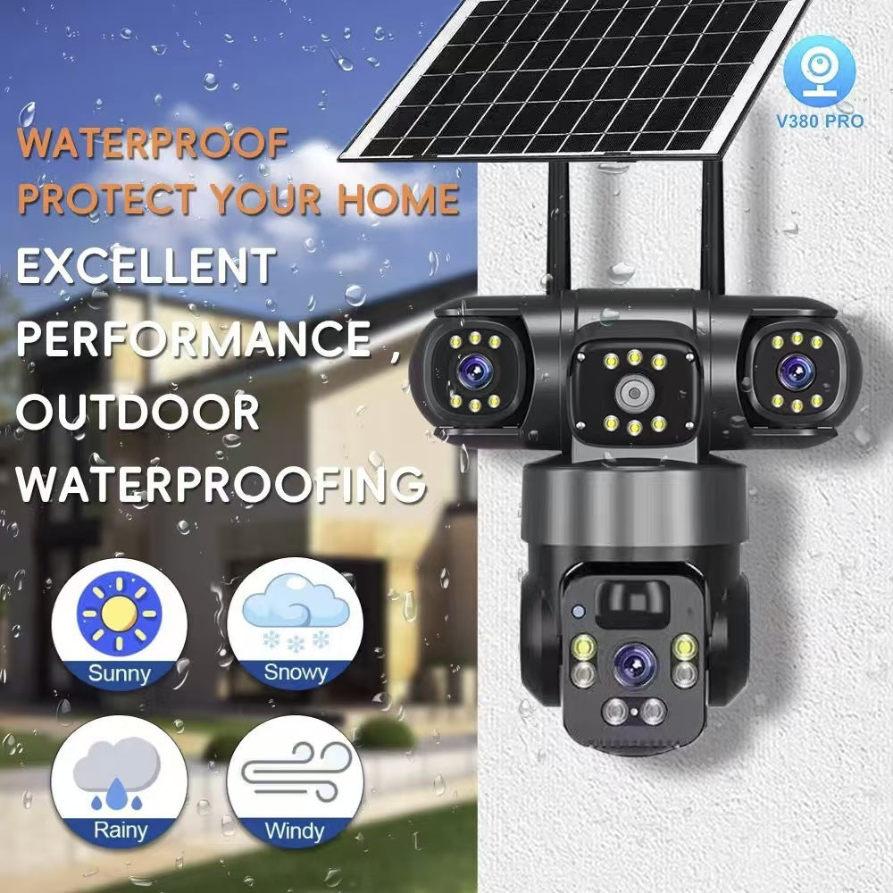 V380 trinocular solar camera three-screen low power consumption ball camera zoom 4G PTZ outdoor surveillance camera