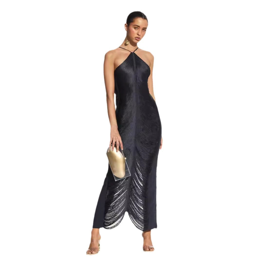 2025 European and American foreign trade cross-border supply fashion tassel back slit halter neck dress light luxury slim fit