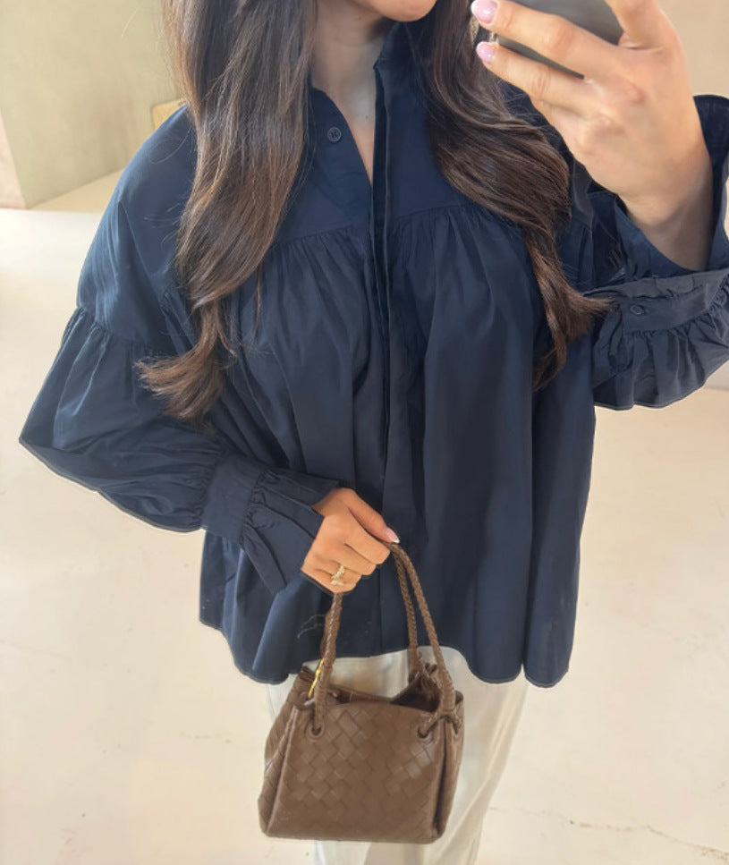 European and American style cross-border foreign trade women's clothing 2025 fashion poplin two-color drop shoulder lantern long sleeve loose single-breasted shirt