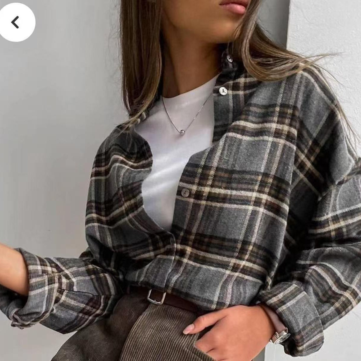 2025 Spring and Autumn Cross-border Retro All-match Lapel Loose Shirt #Plaid Long Sleeve Pocket Women's Shirt