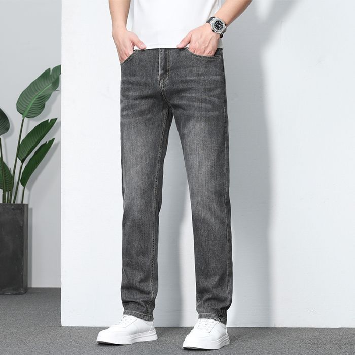 2025 new high-end stretch summer thin jeans men's loose straight ice silk casual large size long pants