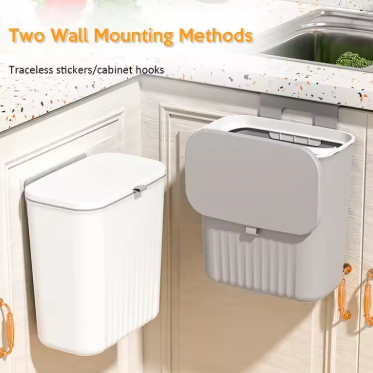 Kitchen cabinet wall-mounted trash can using two wall mounting methods.