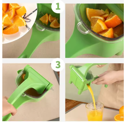 Step-by-step process of using a green manual juicer to extract orange juice.