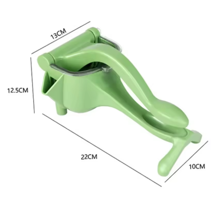 Green manual lemon and fruit juicer with dimensions labeled on a white background