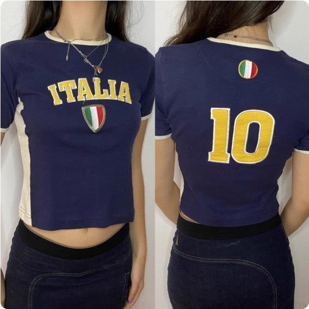 Y2K American-style hot girl lettering American retro sports tight-fitting short-sleeved ball gown top embroidered drop-shoulder T-shirt slim fit